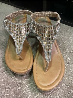 Embellished Tan wedge Sandals with Elastic Back